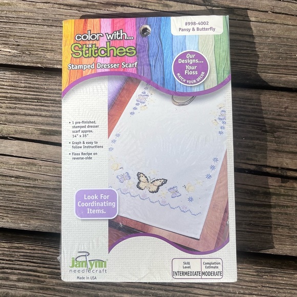 JANLYNN VINTAGE STAMPED DRESSER SCARF PANSY & BUTTERFLY PATTERN CROSS STITCH - Picture 1 of 5